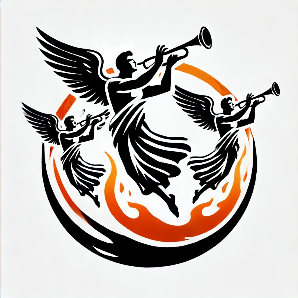 Three angels flying in front of a flaming globe