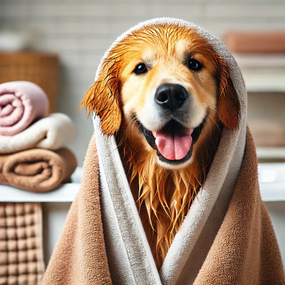 Bella wrapped in towels and grinning