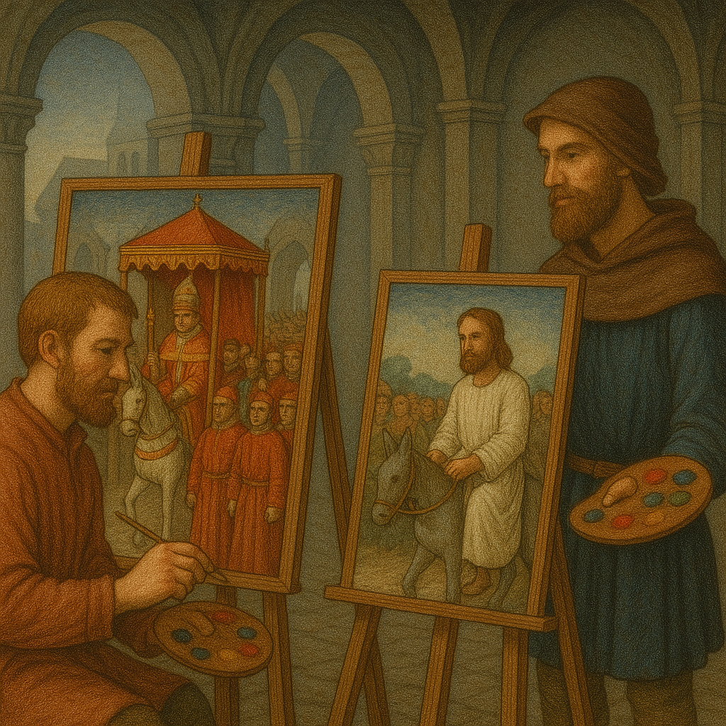 Medieval artists painting in Prague.